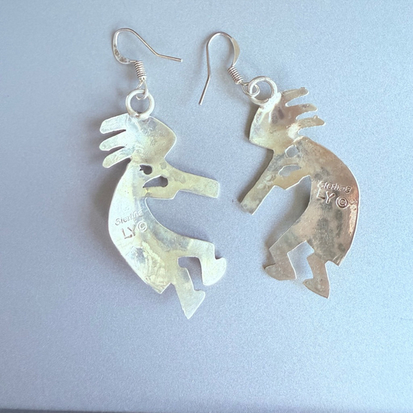 Native American Navajo Louise Yazzie Kokopelli Flute Turquoise 1.75" Earrings - Picture 4 of 6